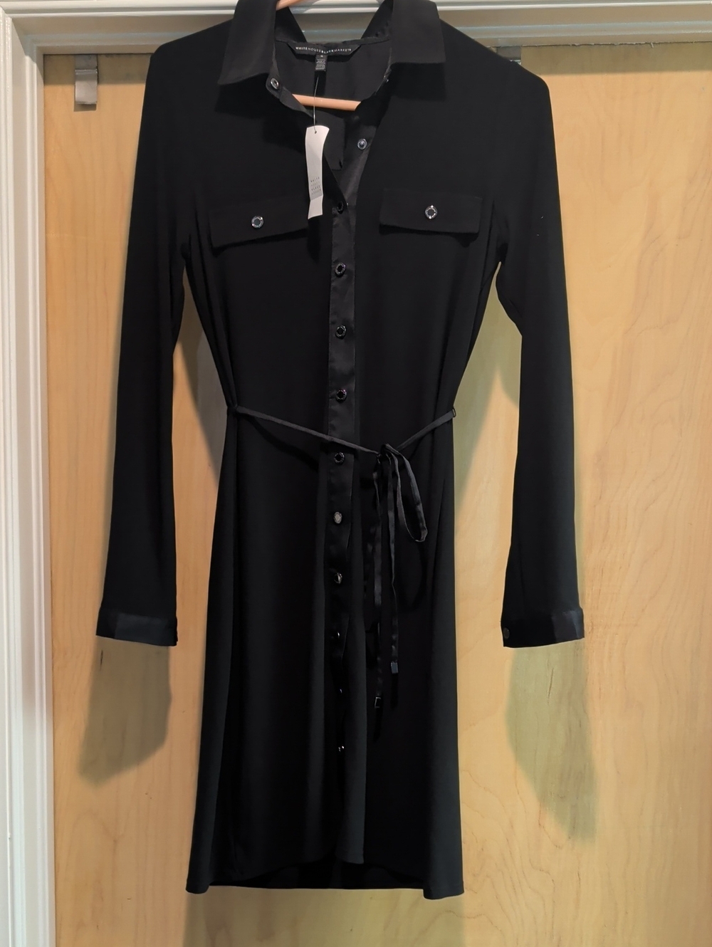 White House Black Market Black Button-Front Shirt Dress with Tie